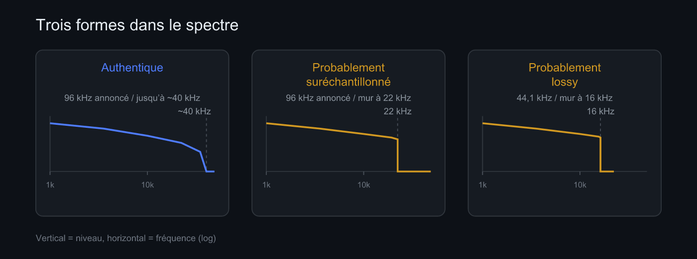 Trois formes de spectre côte à côte : hi-res authentique, faux suréchantillonné et fichier issu d’une source lossy