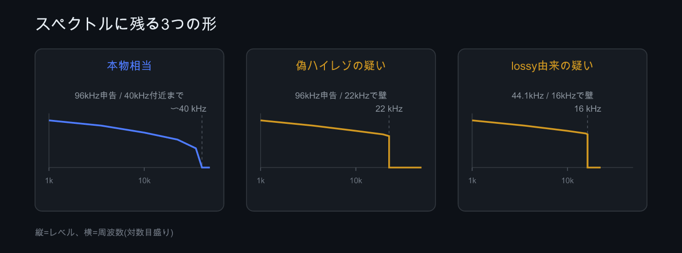 本物のハイレゾ、アップサンプルされた偽ハイレゾ、lossy由来の3つのスペクトル形状を並べた図