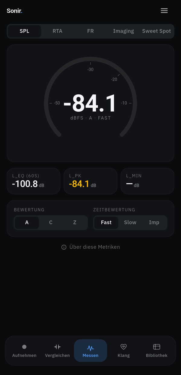 Der Mess-Tab von Sonir auf einem echten Gerät, mit SPL und RTA in Echtzeit