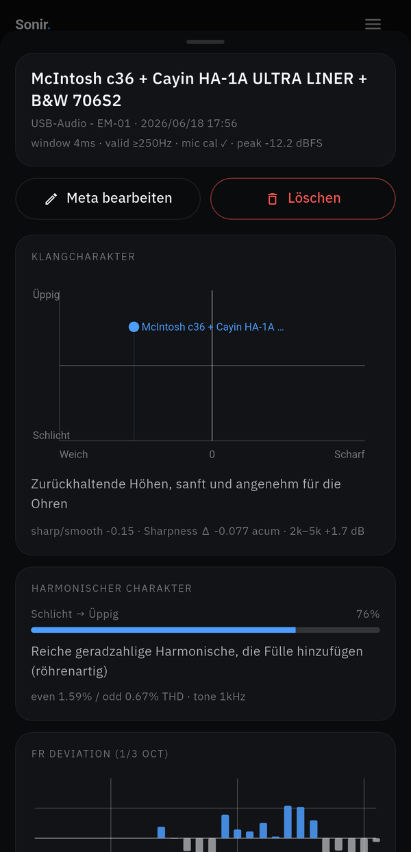 Der Klang-Tab von Sonir auf einem echten Gerät, mit dem Klangprofil eines Geräts