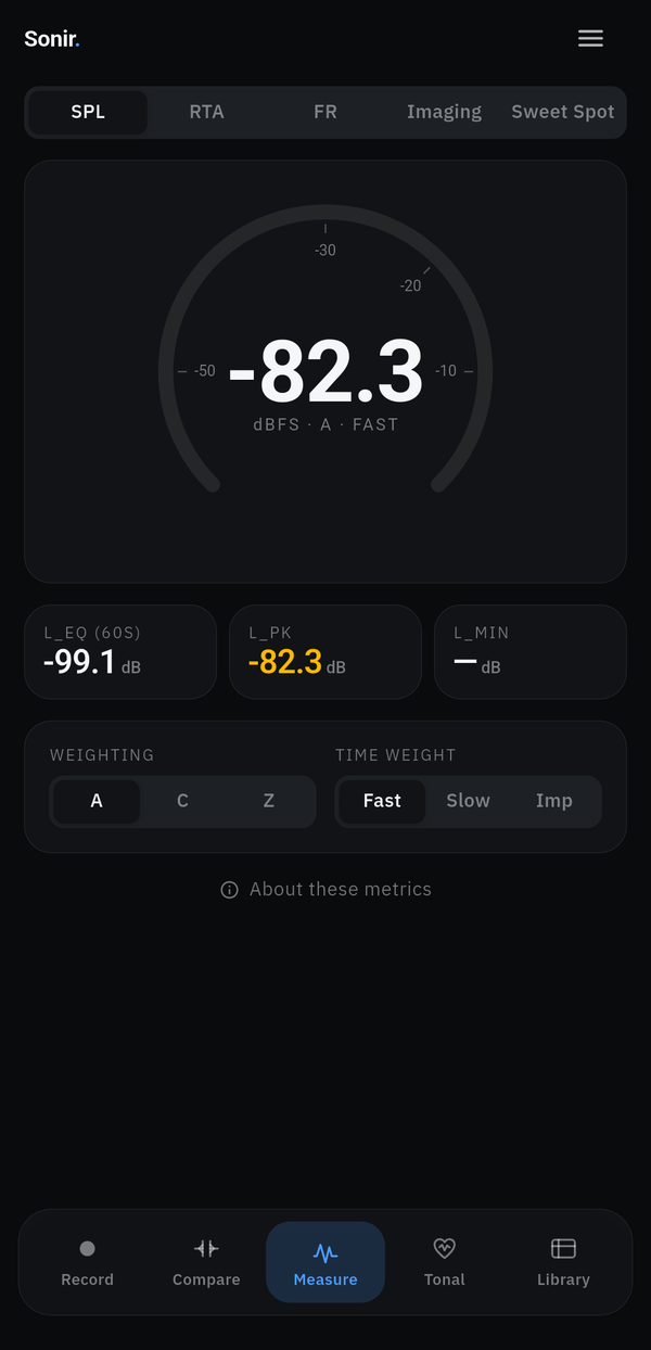 Sonir’s measure tab on a real device, showing real-time SPL and RTA