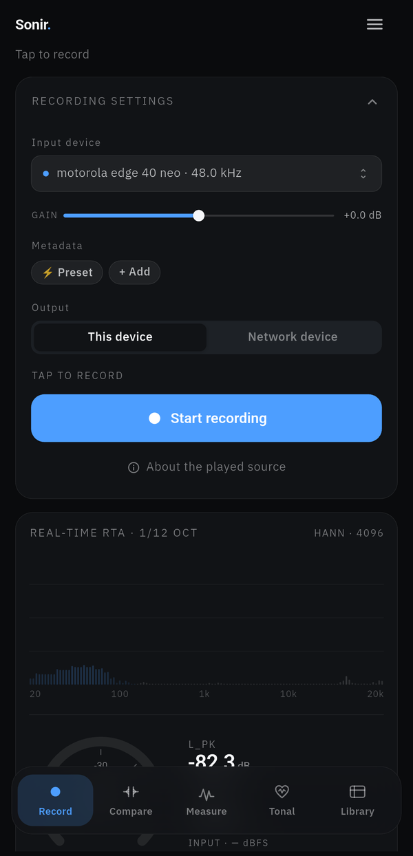 Sonir’s record tab on a real device, showing the input level and the recording score