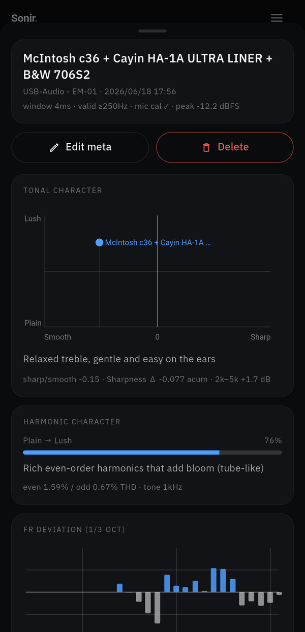 Sonir’s tonal tab on a real device, showing the tonal profile of a piece of gear