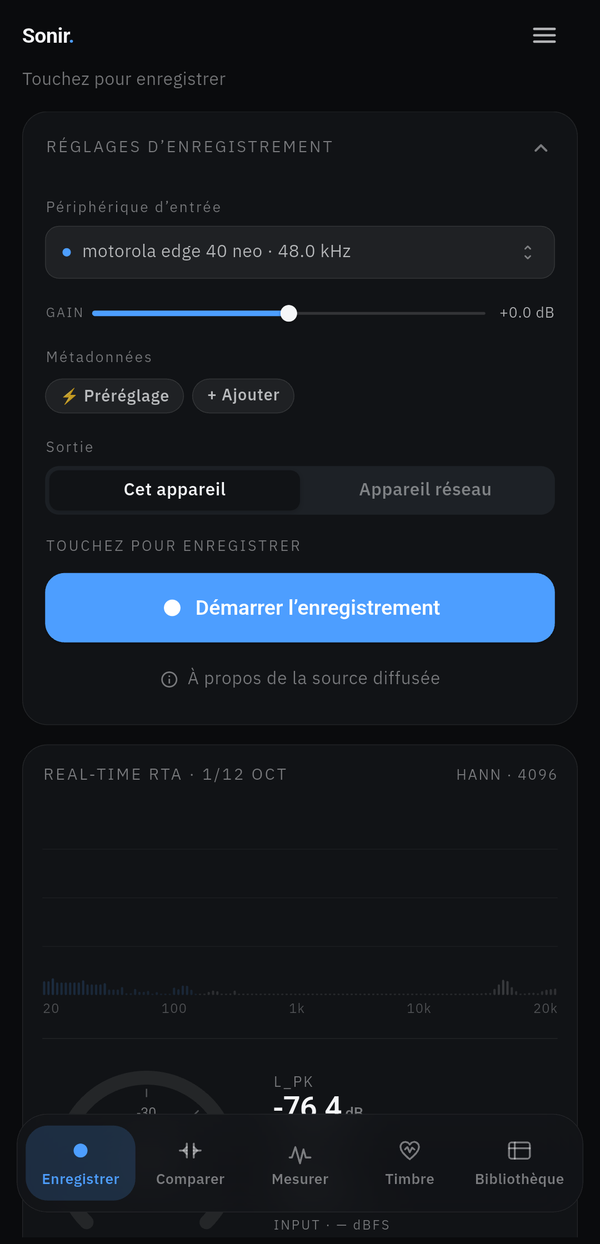 L’onglet enregistrement de Sonir sur un appareil réel, avec le niveau d’entrée et le score d’enregistrement