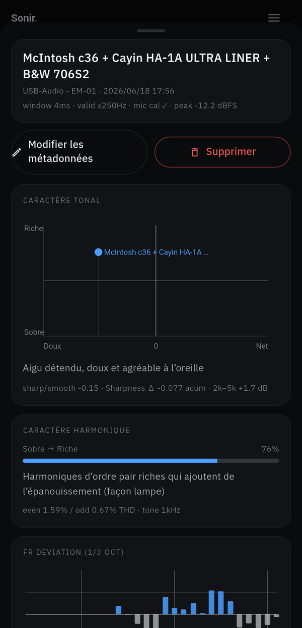 L’onglet timbre de Sonir sur un appareil réel, avec le profil timbral d’un matériel