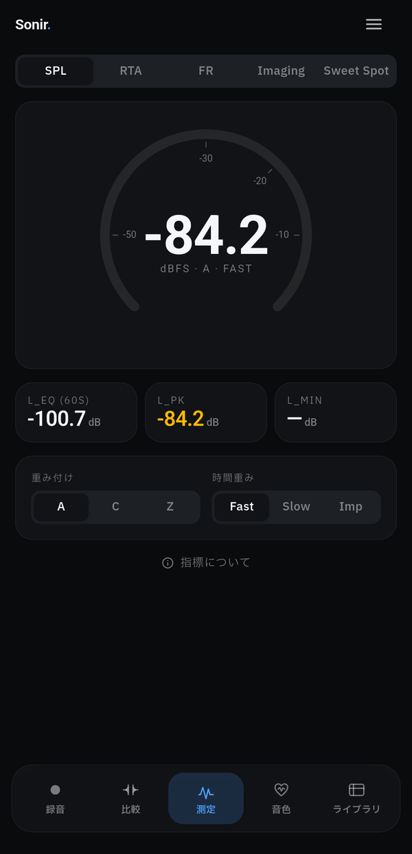 Sonirの測定タブ。SPLとRTAのリアルタイム表示を出している実機画面
