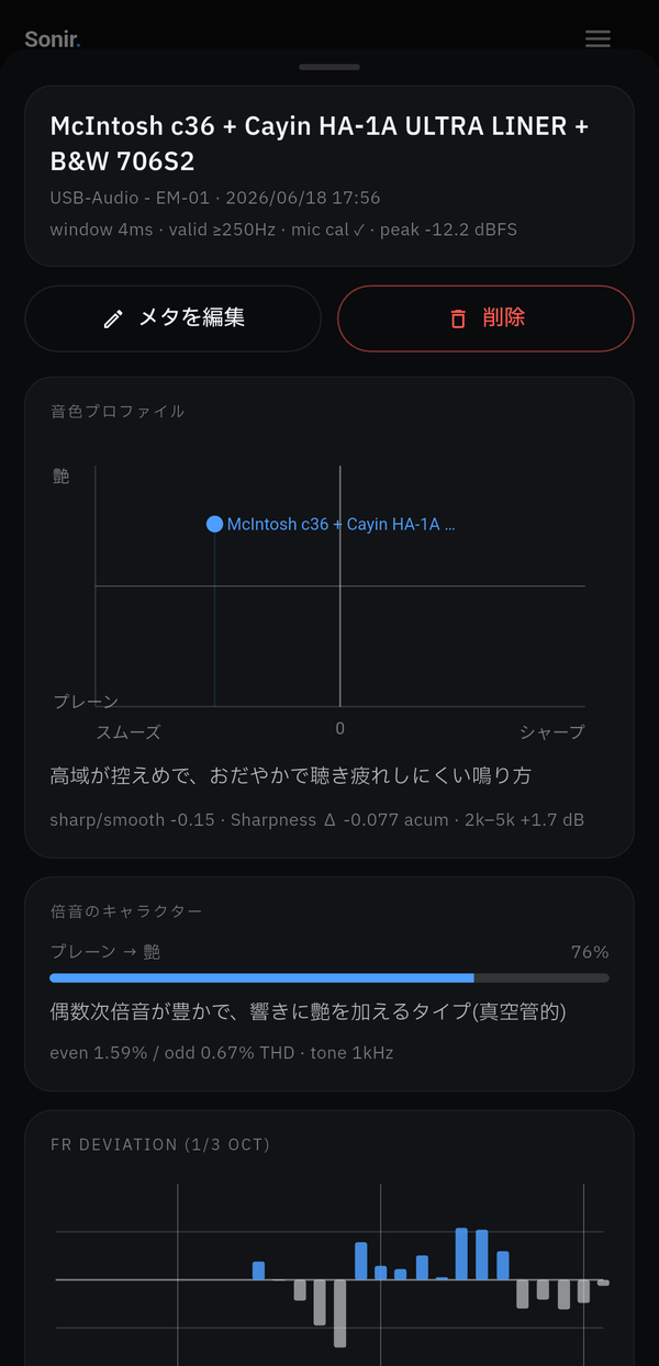 Sonirの音色タブ。機材の音色プロファイルを表示している実機画面